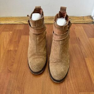 Tan Suede Ankle Boots with Strap